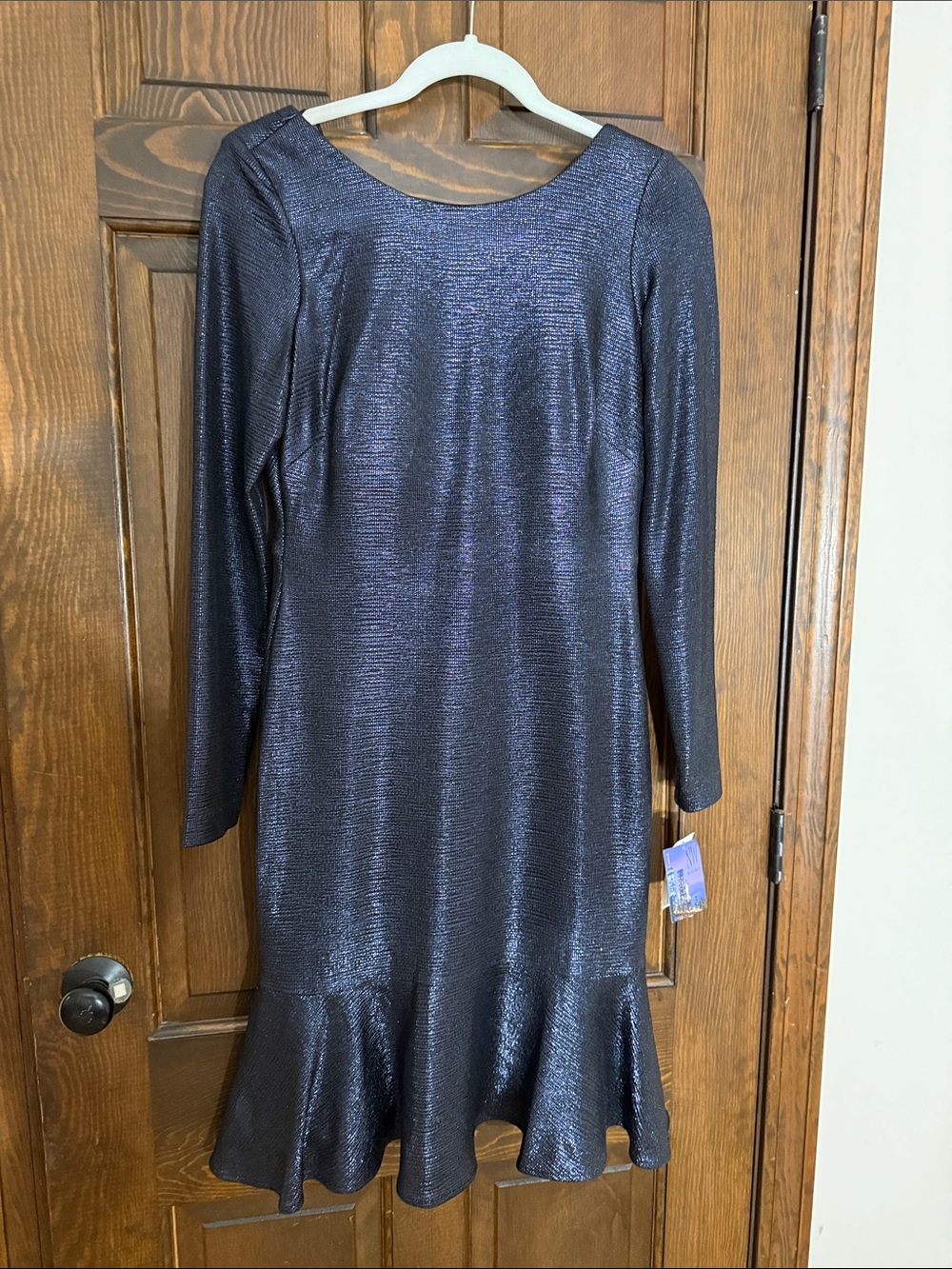 Shimmery Navy Long-Sleeve Ruffle-Hem Dress